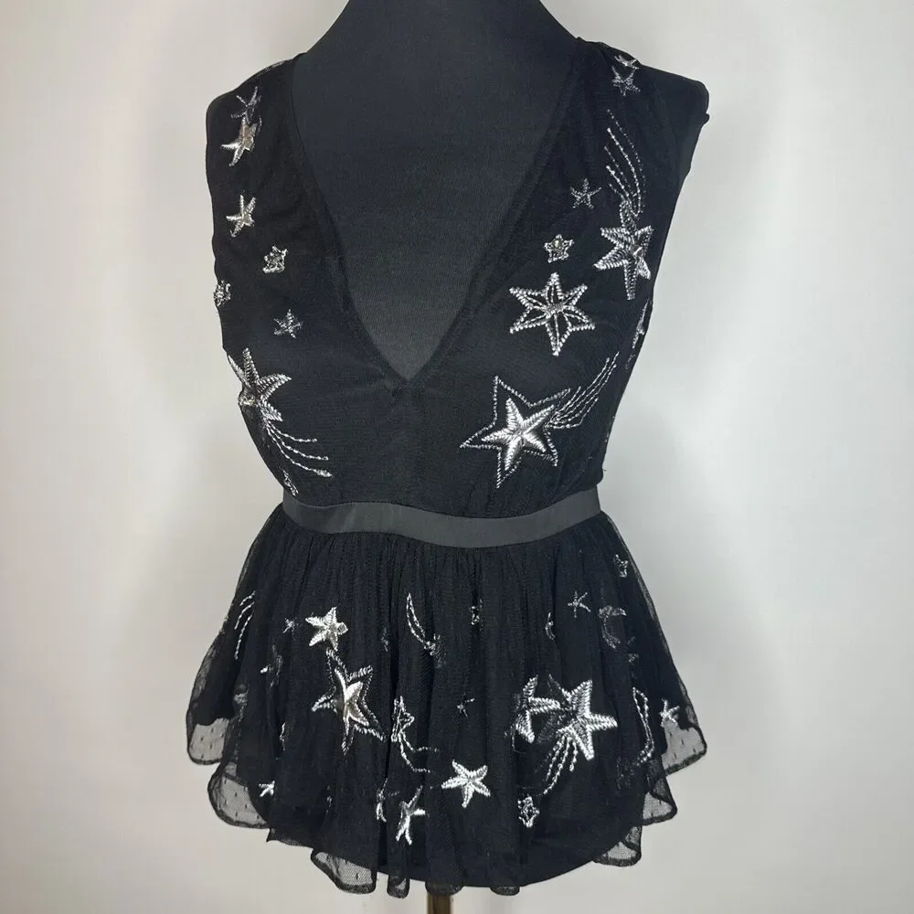 Vintage Express Embroidered Star Black Peplum VNeck Sheer Tank Rhinestones Sz 4 - Picture 1 of 13
